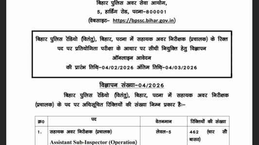 Bihar Assistant Sub Inspector Online form 2026