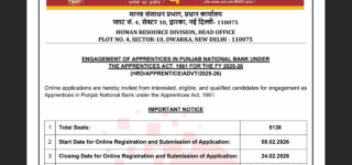 PNB Apprentice Recruitment notification 2026