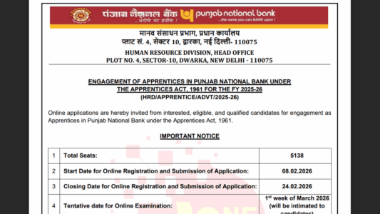 PNB Apprentice Recruitment notification 2026