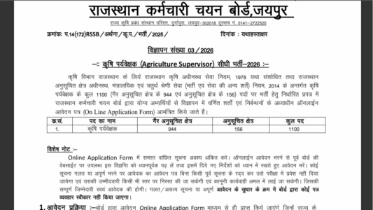 Rajasthan Agriculture Supervisor Recruitment Notification 2026