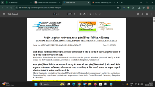 BEL CRL Ghaziabad Recruitment Notification 2026