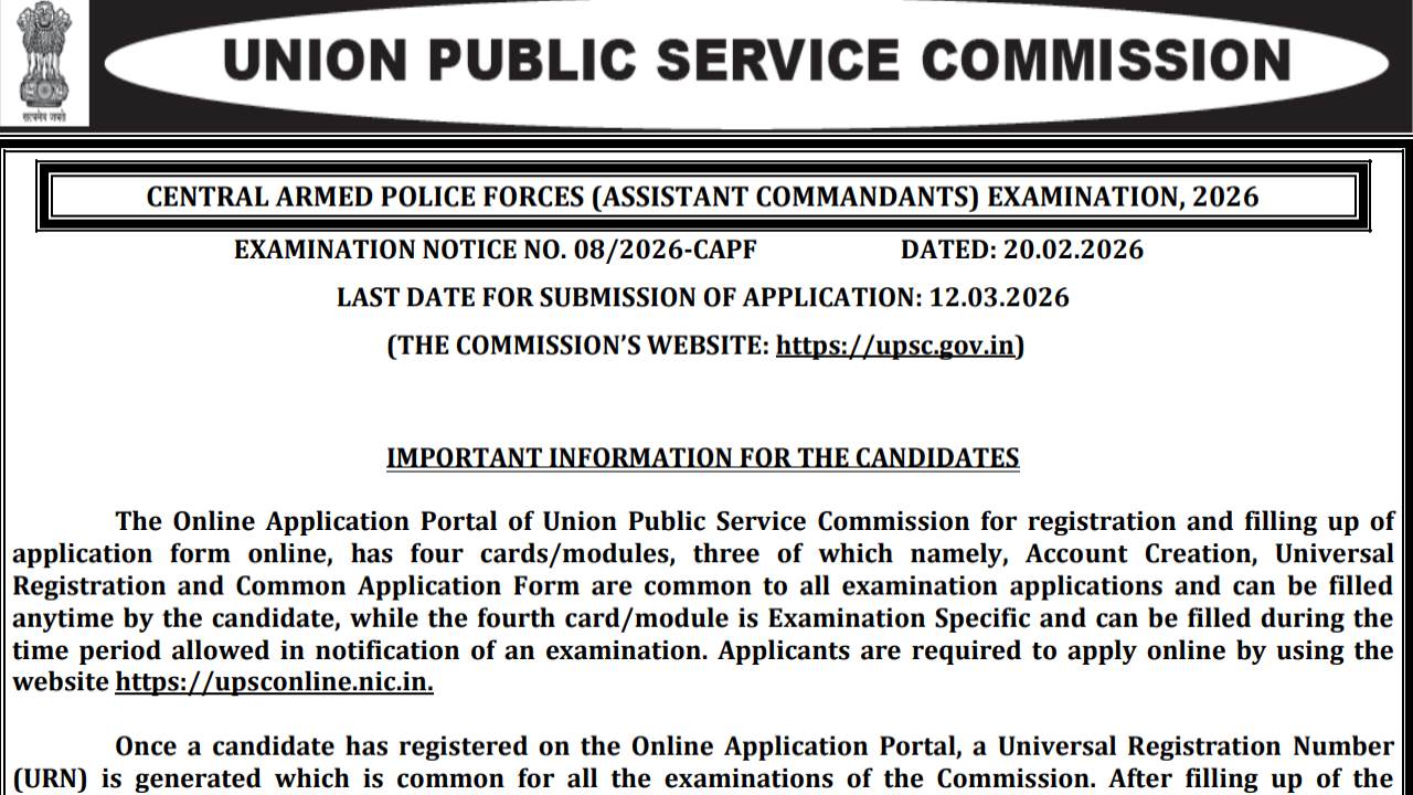 UPSC CAPF Online Form Notification 2026 For 349 Post