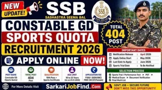 SSB Constable GD Sports Quota Recruitment 2026 Apply Online for 404 Post