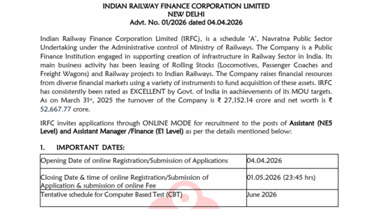 IRFC Recruitment 2026, Assistant & Assistant Manager (Finance) Posts