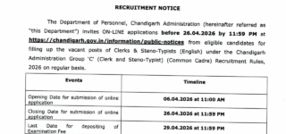 Chandigarh administration steno typist recruitment 2026, 257 Posts