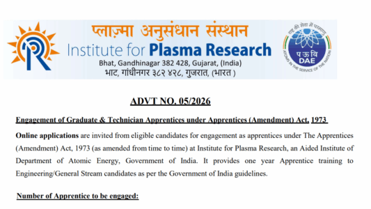 Institute for Plasma Research Apprentice job 2026