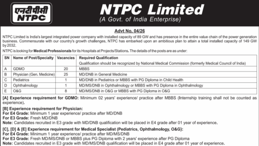 NTPC Limited Medical Professional JOB