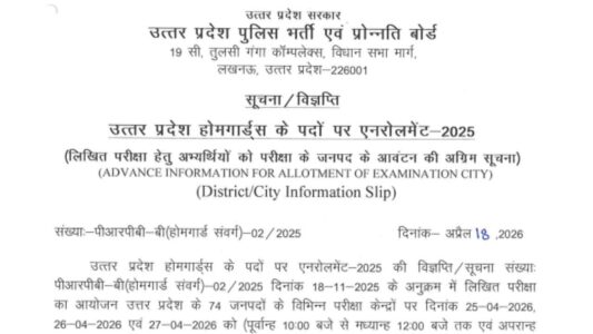 UP Police Home Guard Exam City Details 2026